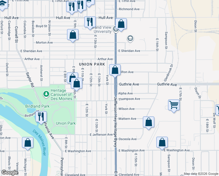 map of restaurants, bars, coffee shops, grocery stores, and more near 2215 York Street in Des Moines