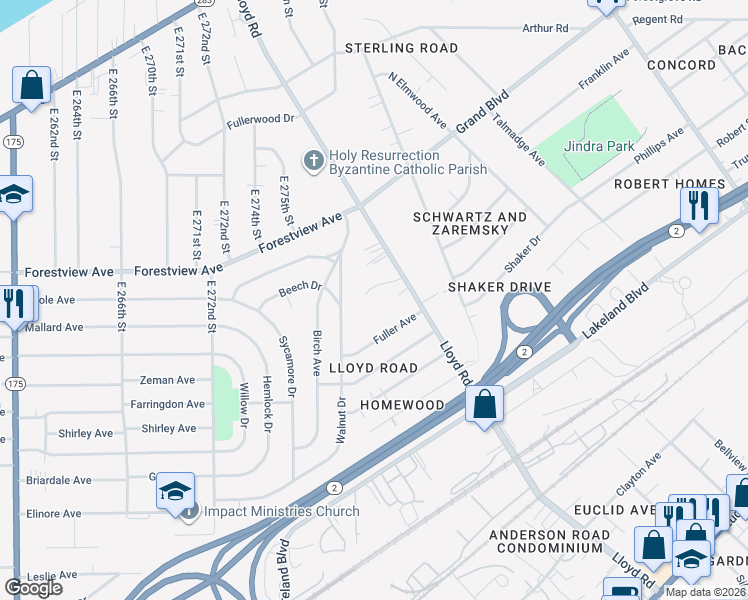 map of restaurants, bars, coffee shops, grocery stores, and more near 2034 Lloyd Ct in Wickliffe