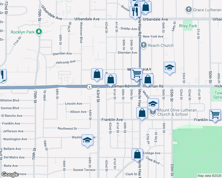 map of restaurants, bars, coffee shops, grocery stores, and more near 6100 Hickman Road in Des Moines
