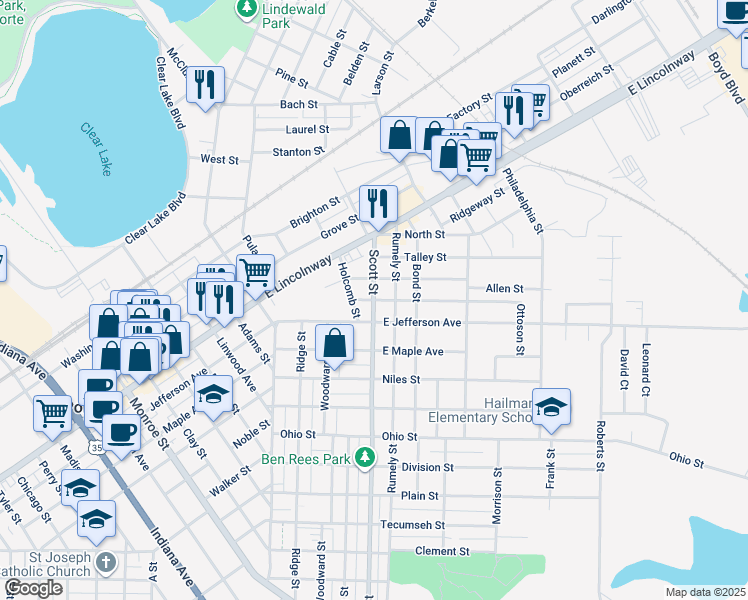 map of restaurants, bars, coffee shops, grocery stores, and more near 200 Woodson Street in La Porte