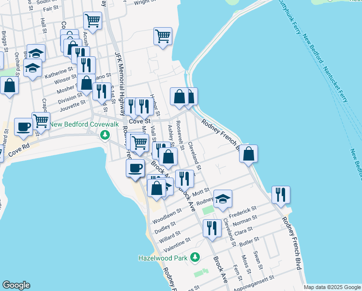 map of restaurants, bars, coffee shops, grocery stores, and more near 35 Roosevelt Street in New Bedford