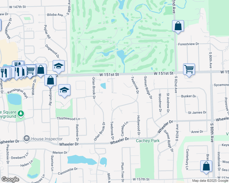 map of restaurants, bars, coffee shops, grocery stores, and more near 15141 Quail Hollow Drive in Orland Park