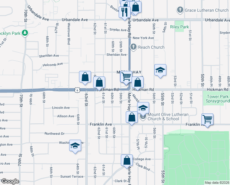 map of restaurants, bars, coffee shops, grocery stores, and more near 6006 Hickman Road in Des Moines
