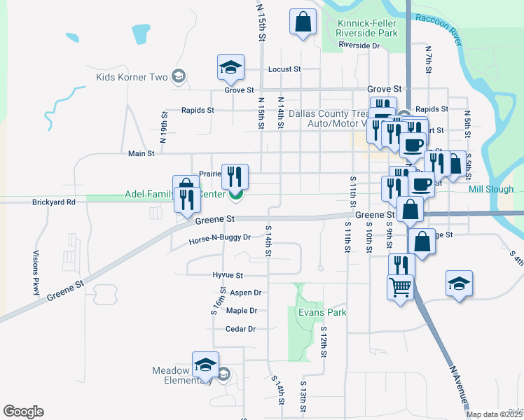 map of restaurants, bars, coffee shops, grocery stores, and more near 1320 Greene Street in Adel