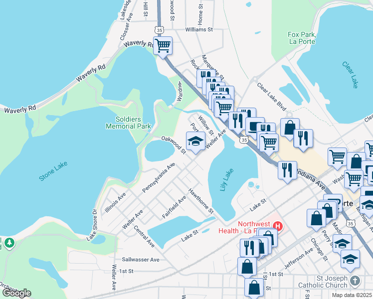 map of restaurants, bars, coffee shops, grocery stores, and more near 501-537 Oakwood Street in La Porte
