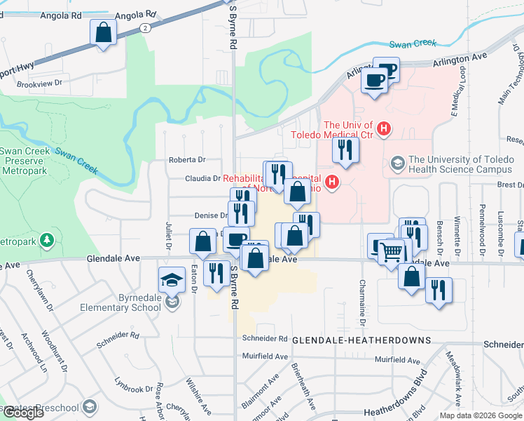 map of restaurants, bars, coffee shops, grocery stores, and more near 3300 Glendale Avenue in Toledo