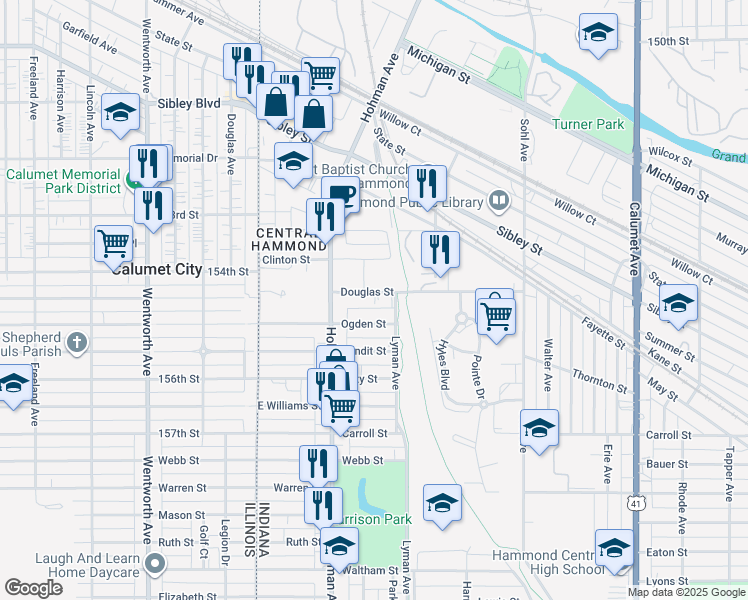 map of restaurants, bars, coffee shops, grocery stores, and more near in Hammond