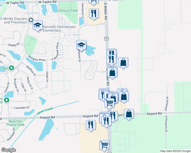 map of restaurants, bars, coffee shops, grocery stores, and more near 269 South Alder Creek Drive in Romeoville