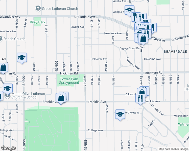 map of restaurants, bars, coffee shops, grocery stores, and more near 4610 Hickman Road in Des Moines