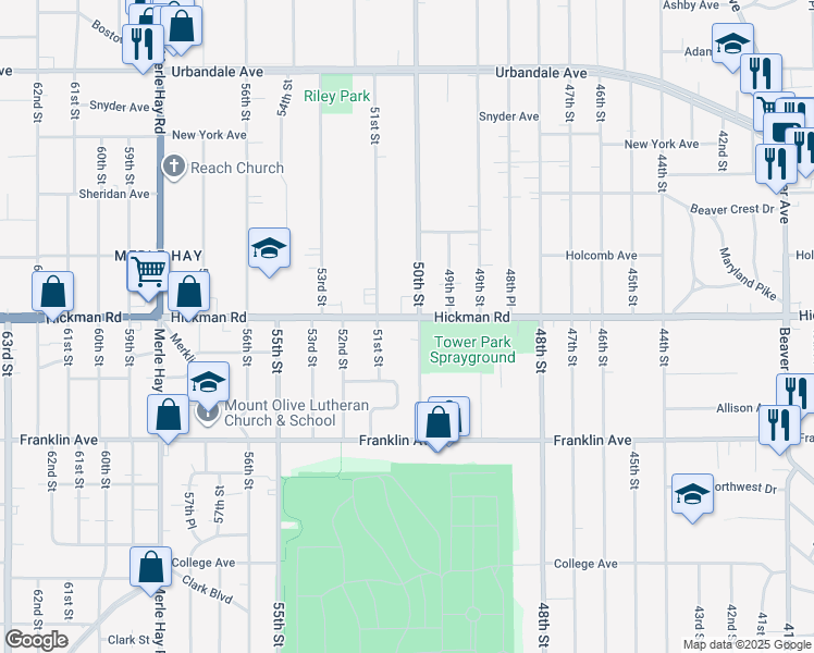 map of restaurants, bars, coffee shops, grocery stores, and more near 5012 Hickman Road in Des Moines