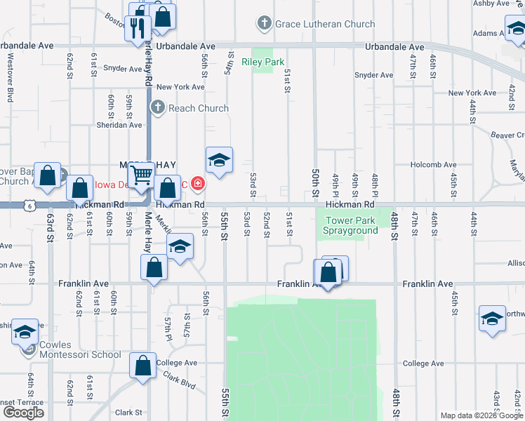 map of restaurants, bars, coffee shops, grocery stores, and more near 2217 53rd Street in Des Moines