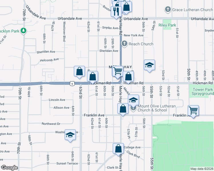 map of restaurants, bars, coffee shops, grocery stores, and more near 6006 Hickman Road in Des Moines