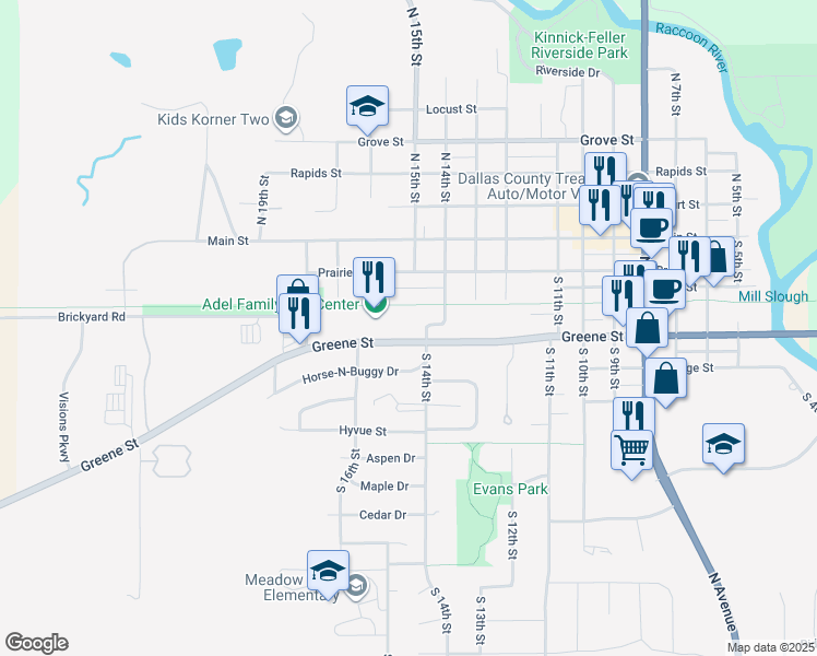 map of restaurants, bars, coffee shops, grocery stores, and more near 1510 Greene Street in Adel