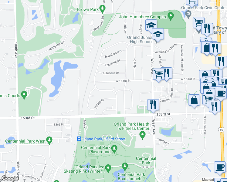 map of restaurants, bars, coffee shops, grocery stores, and more near 15137 Huntington Court in Orland Park