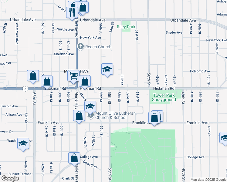 map of restaurants, bars, coffee shops, grocery stores, and more near 2223 55th Street in Des Moines
