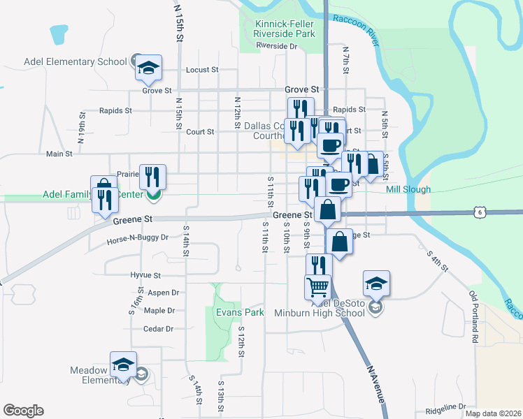 map of restaurants, bars, coffee shops, grocery stores, and more near 1120 Greene Street in Adel