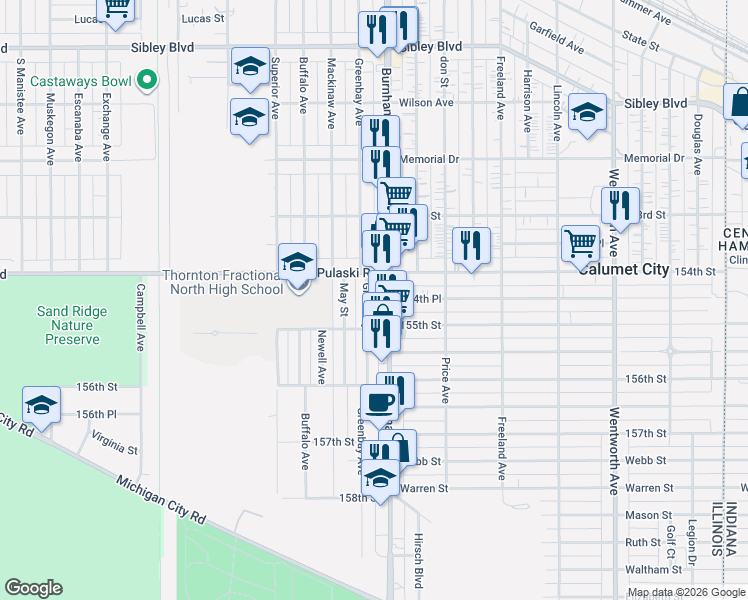 map of restaurants, bars, coffee shops, grocery stores, and more near in Calumet City