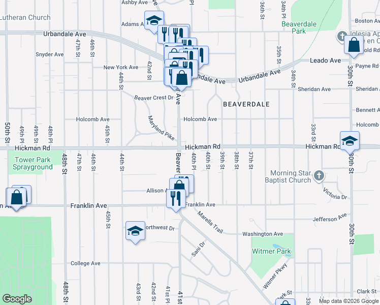 map of restaurants, bars, coffee shops, grocery stores, and more near 2214 40th Place in Des Moines
