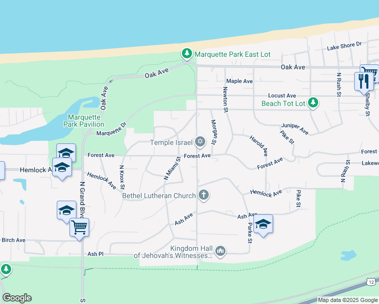 map of restaurants, bars, coffee shops, grocery stores, and more near 7130 Forest Avenue in Gary