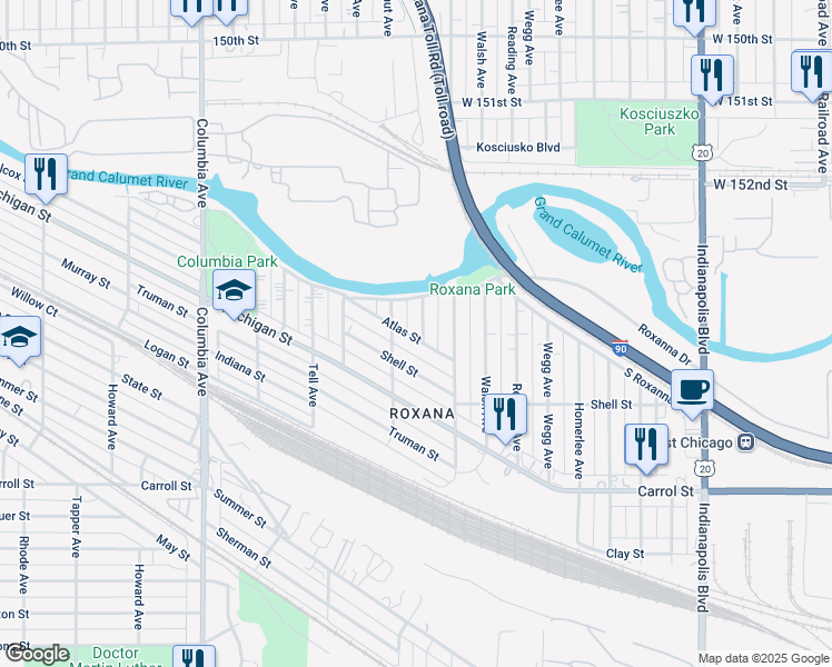 map of restaurants, bars, coffee shops, grocery stores, and more near 5438 Birch Avenue in Hammond