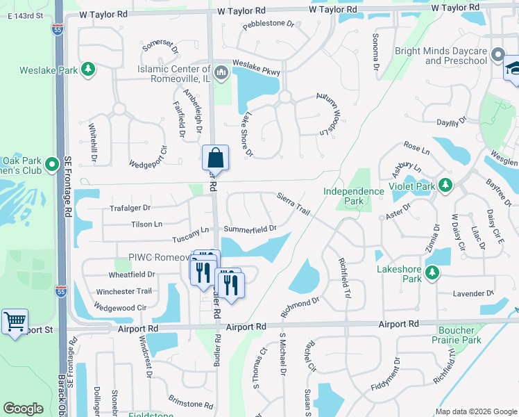 map of restaurants, bars, coffee shops, grocery stores, and more near 225 Stamford Lane in Romeoville