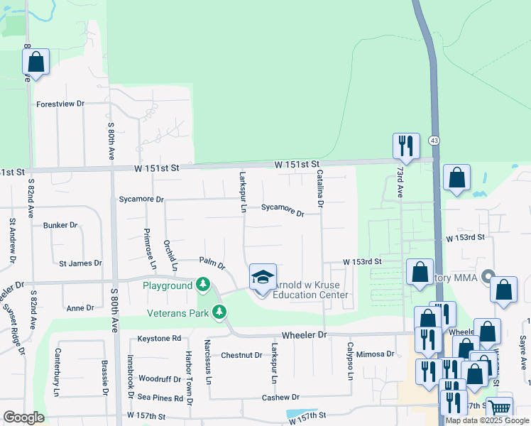 map of restaurants, bars, coffee shops, grocery stores, and more near 7617 Sycamore Drive in Orland Park