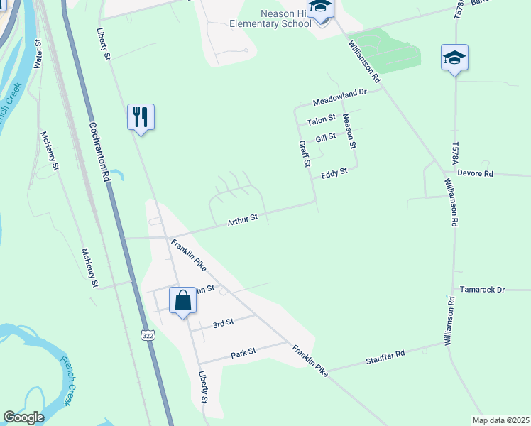 map of restaurants, bars, coffee shops, grocery stores, and more near 19799 Forest Green Drive in Meadville