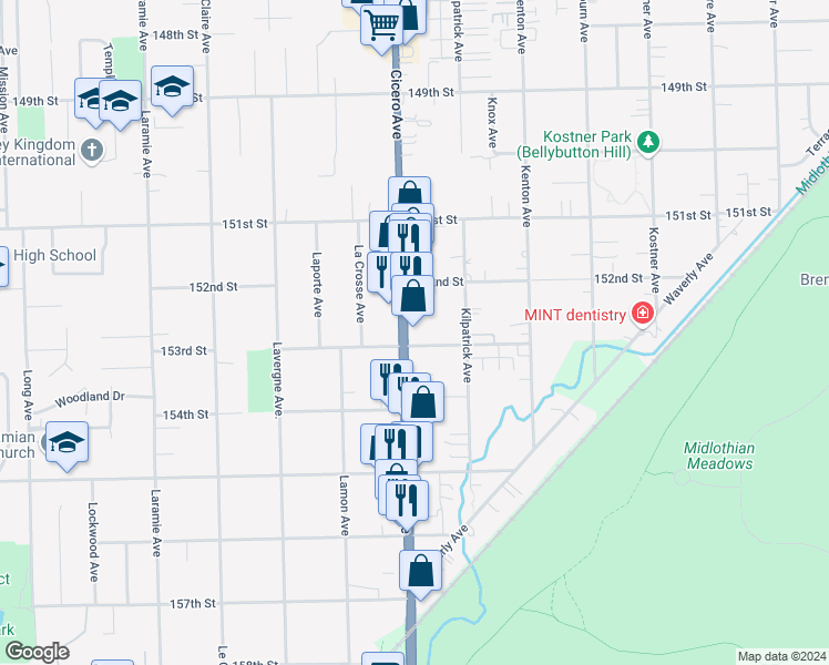 map of restaurants, bars, coffee shops, grocery stores, and more near 15229 South Cicero Avenue in Oak Forest