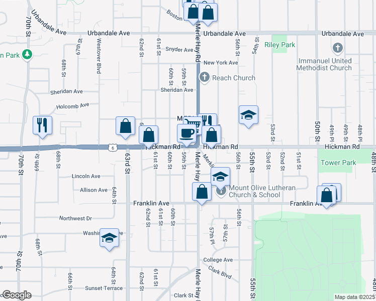 map of restaurants, bars, coffee shops, grocery stores, and more near 5902 Hickman Road in Des Moines