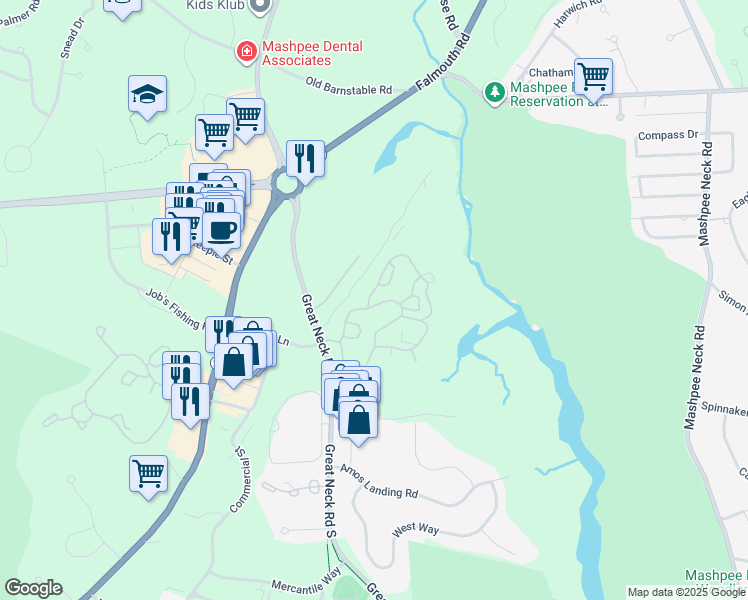 map of restaurants, bars, coffee shops, grocery stores, and more near 83 Blue Spruce Way in Mashpee