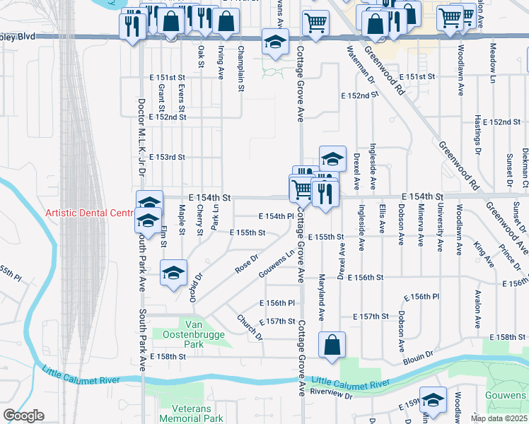 map of restaurants, bars, coffee shops, grocery stores, and more near 702 East 154th Place in South Holland