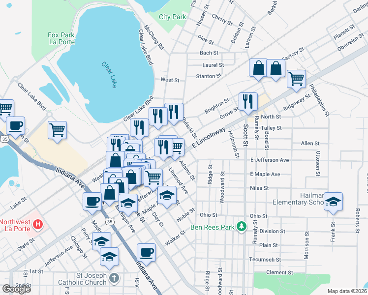 map of restaurants, bars, coffee shops, grocery stores, and more near 3 Lincolnway in La Porte