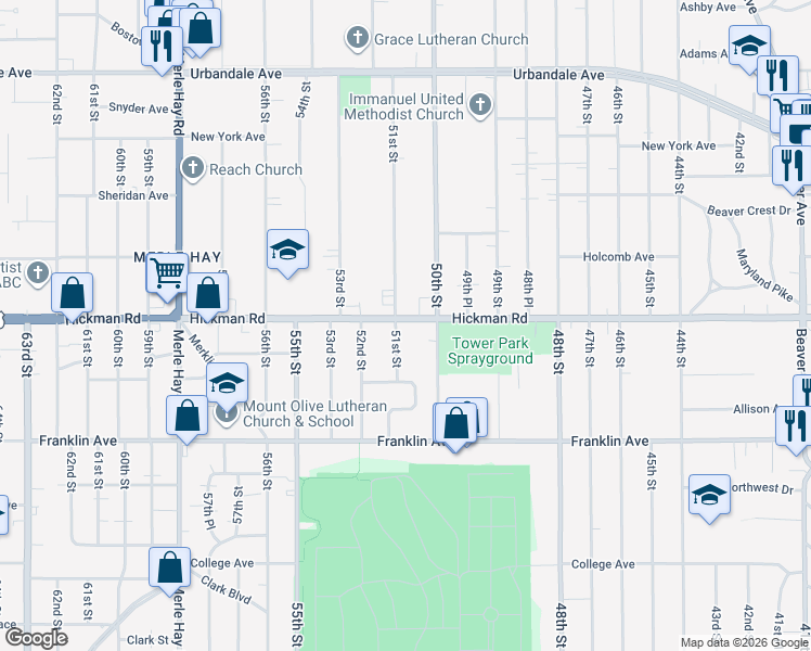 map of restaurants, bars, coffee shops, grocery stores, and more near 5012 Hickman Road in Des Moines