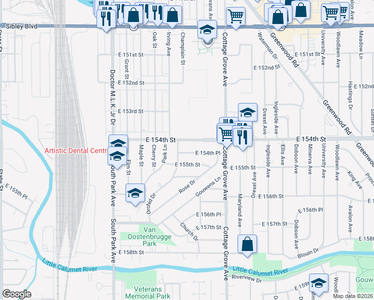 map of restaurants, bars, coffee shops, grocery stores, and more near 666 East 154th Place in South Holland