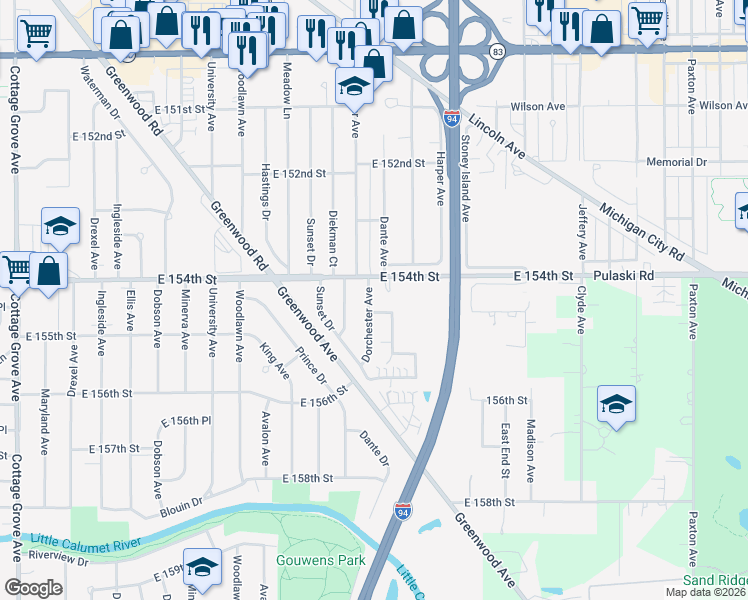 map of restaurants, bars, coffee shops, grocery stores, and more near 15423 Dorchester Avenue in Dolton