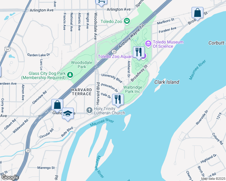 map of restaurants, bars, coffee shops, grocery stores, and more near 125 Princeton Drive in Toledo