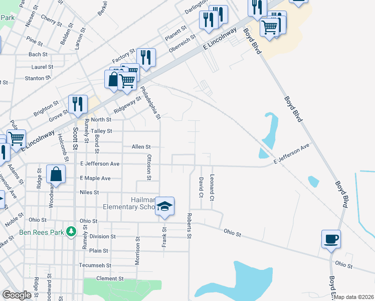 map of restaurants, bars, coffee shops, grocery stores, and more near 512 Roberts Street in La Porte