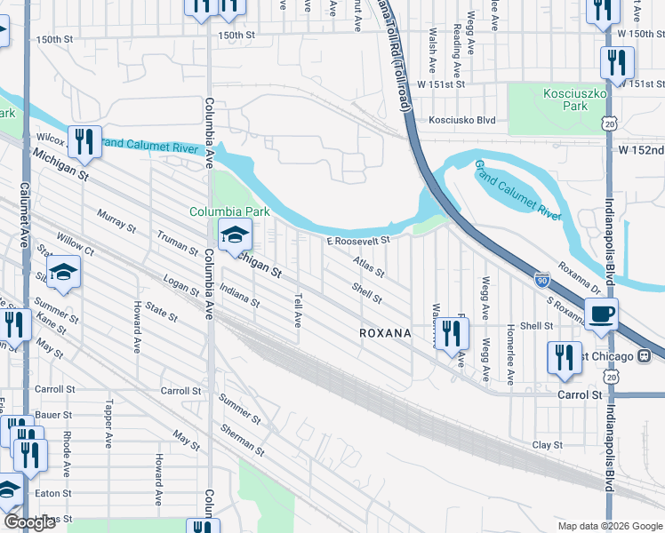 map of restaurants, bars, coffee shops, grocery stores, and more near 1445-1447 Shell Street in Hammond