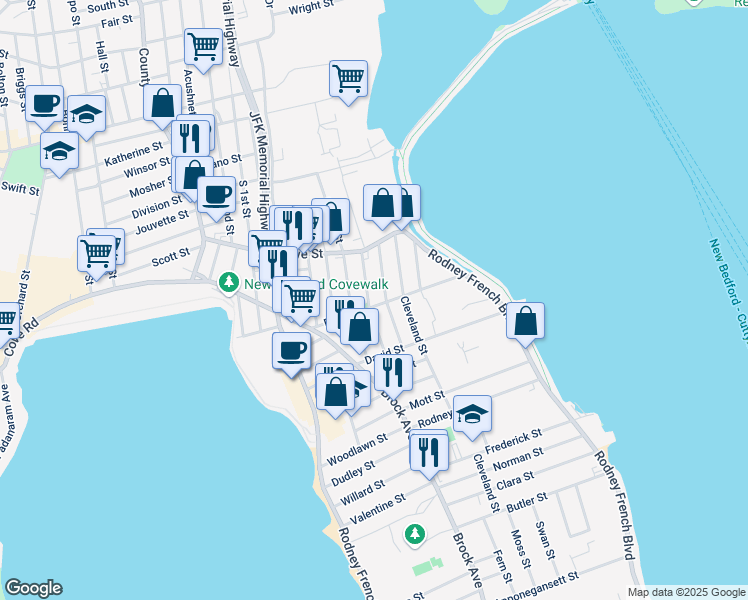 map of restaurants, bars, coffee shops, grocery stores, and more near 85-89 Ruth Street in New Bedford