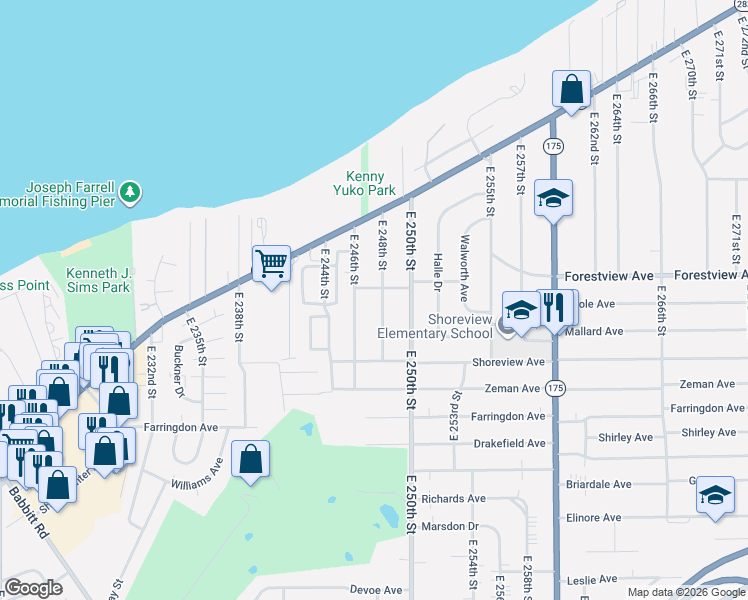 map of restaurants, bars, coffee shops, grocery stores, and more near 295 East 246th Street in Euclid