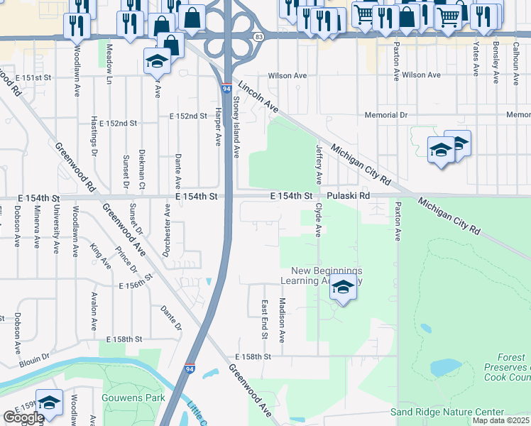map of restaurants, bars, coffee shops, grocery stores, and more near 1635 East 154th Street in Dolton