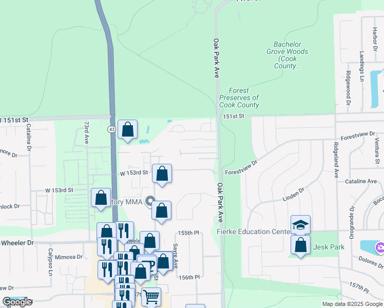 map of restaurants, bars, coffee shops, grocery stores, and more near 6837 Oak View Court in Oak Forest