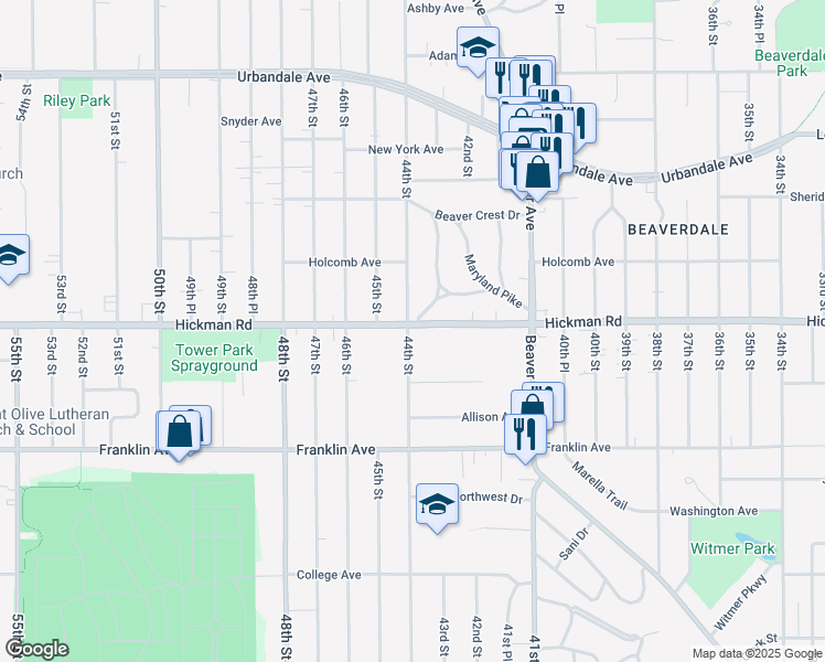map of restaurants, bars, coffee shops, grocery stores, and more near 4400 Hickman Road in Des Moines