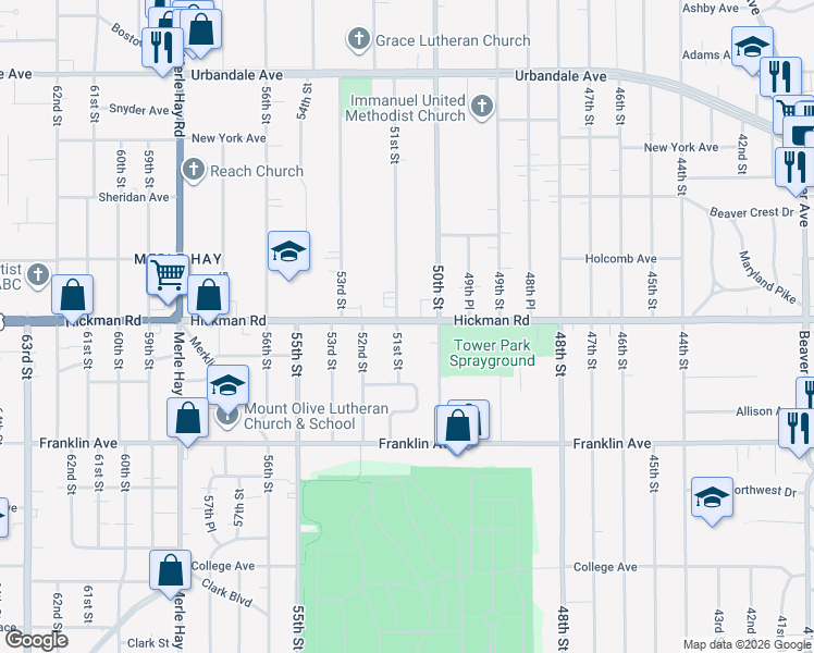 map of restaurants, bars, coffee shops, grocery stores, and more near 5012 Hickman Road in Des Moines