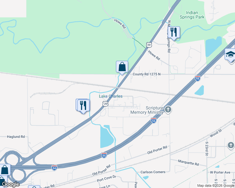 map of restaurants, bars, coffee shops, grocery stores, and more near 1390 Lawson Lane in Porter