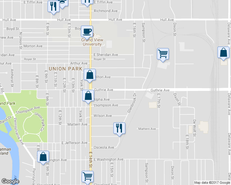 map of restaurants, bars, coffee shops, grocery stores, and more near 1521 Guthrie Ave in Des Moines