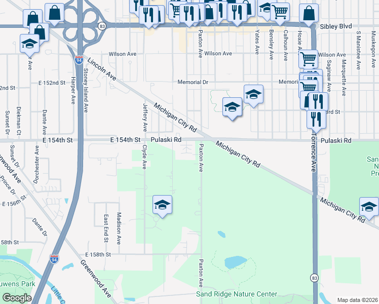 map of restaurants, bars, coffee shops, grocery stores, and more near 722 Shady Acres Lane in Calumet City