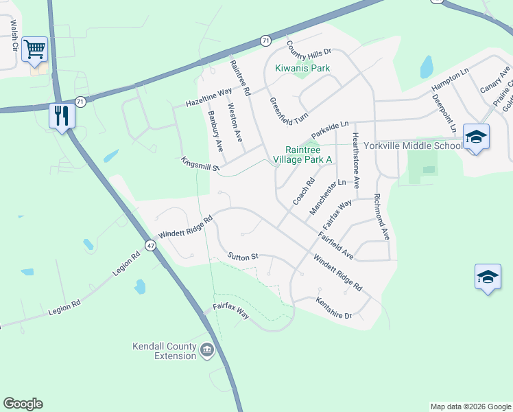 map of restaurants, bars, coffee shops, grocery stores, and more near 461 Windett Ridge Road in Yorkville