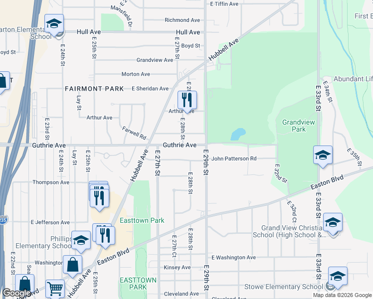 map of restaurants, bars, coffee shops, grocery stores, and more near 2815 Guthrie Avenue in Des Moines