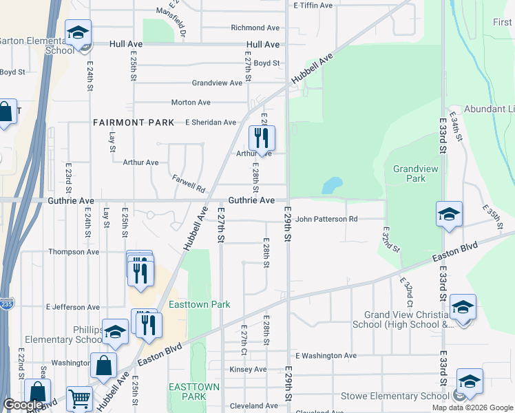 map of restaurants, bars, coffee shops, grocery stores, and more near 2815 Guthrie Avenue in Des Moines